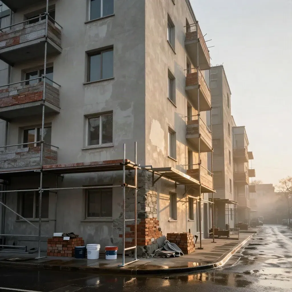 Fasadrenovering av ett skandinaviskt flerbostadshus i morgonljus efter regn