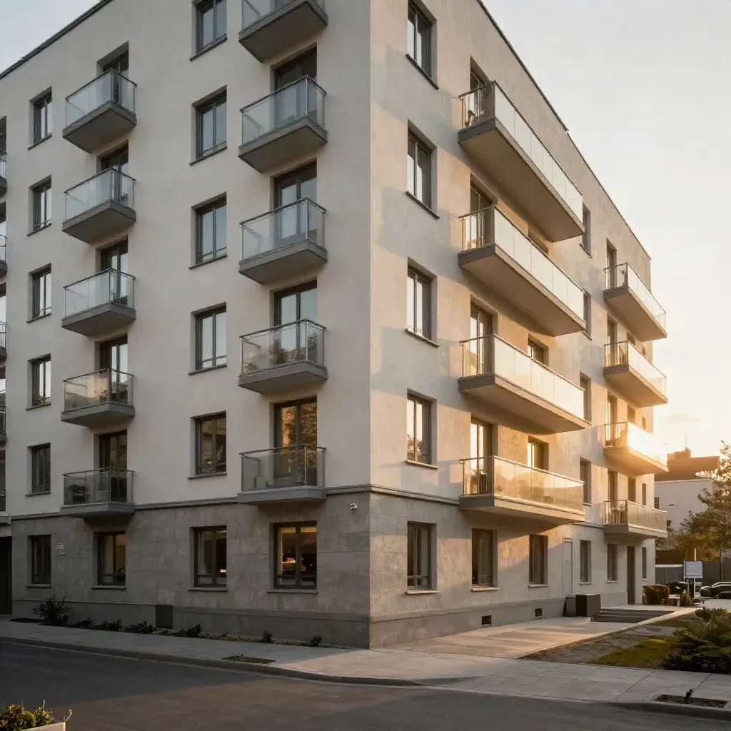 Solkysst nyputsad bostadsfasad i Solna med jämn yta och lugn kvällsstämning.