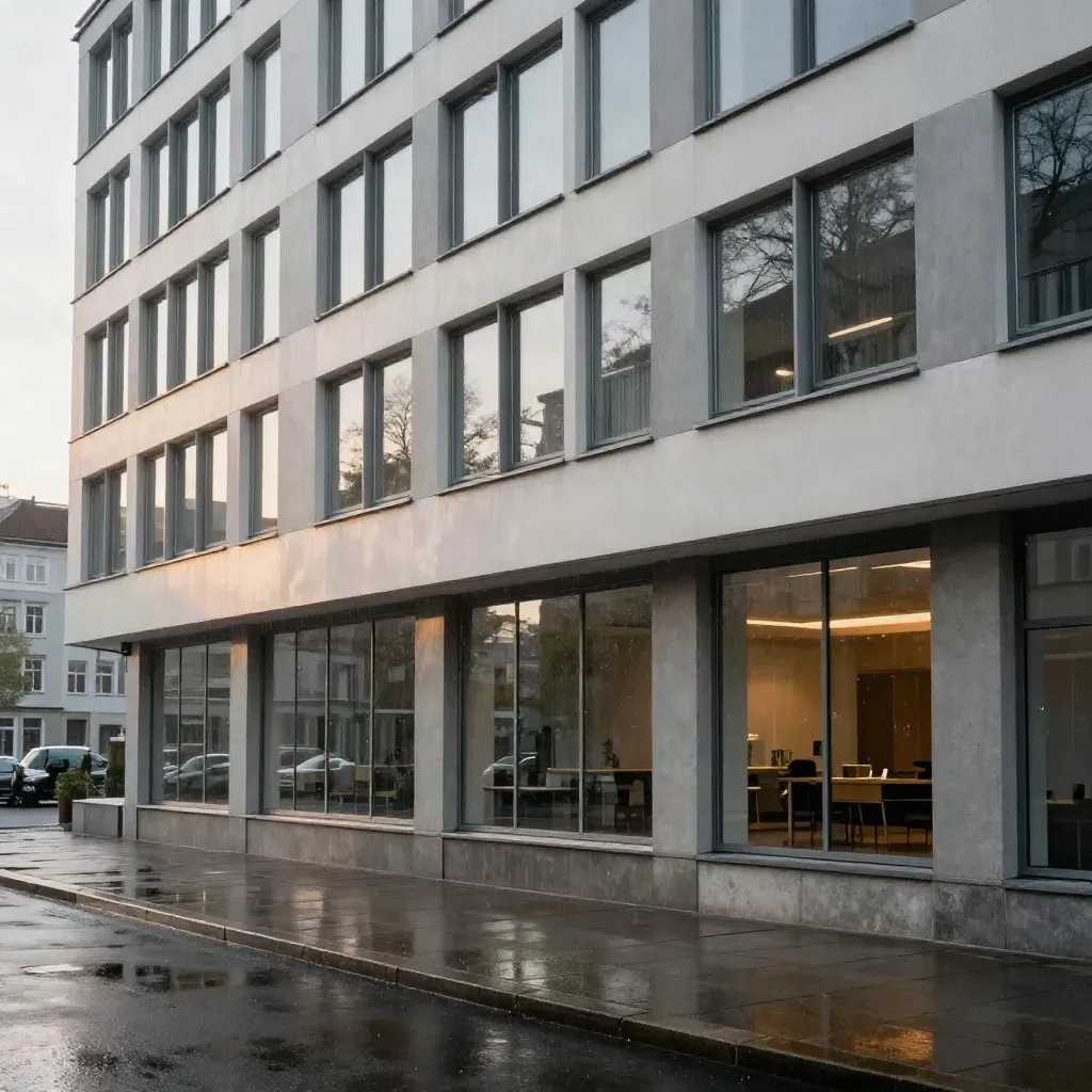 Renoverad kontorsfasad i Kista med målning, tätade fogar och rena glasreflexer efter regn.