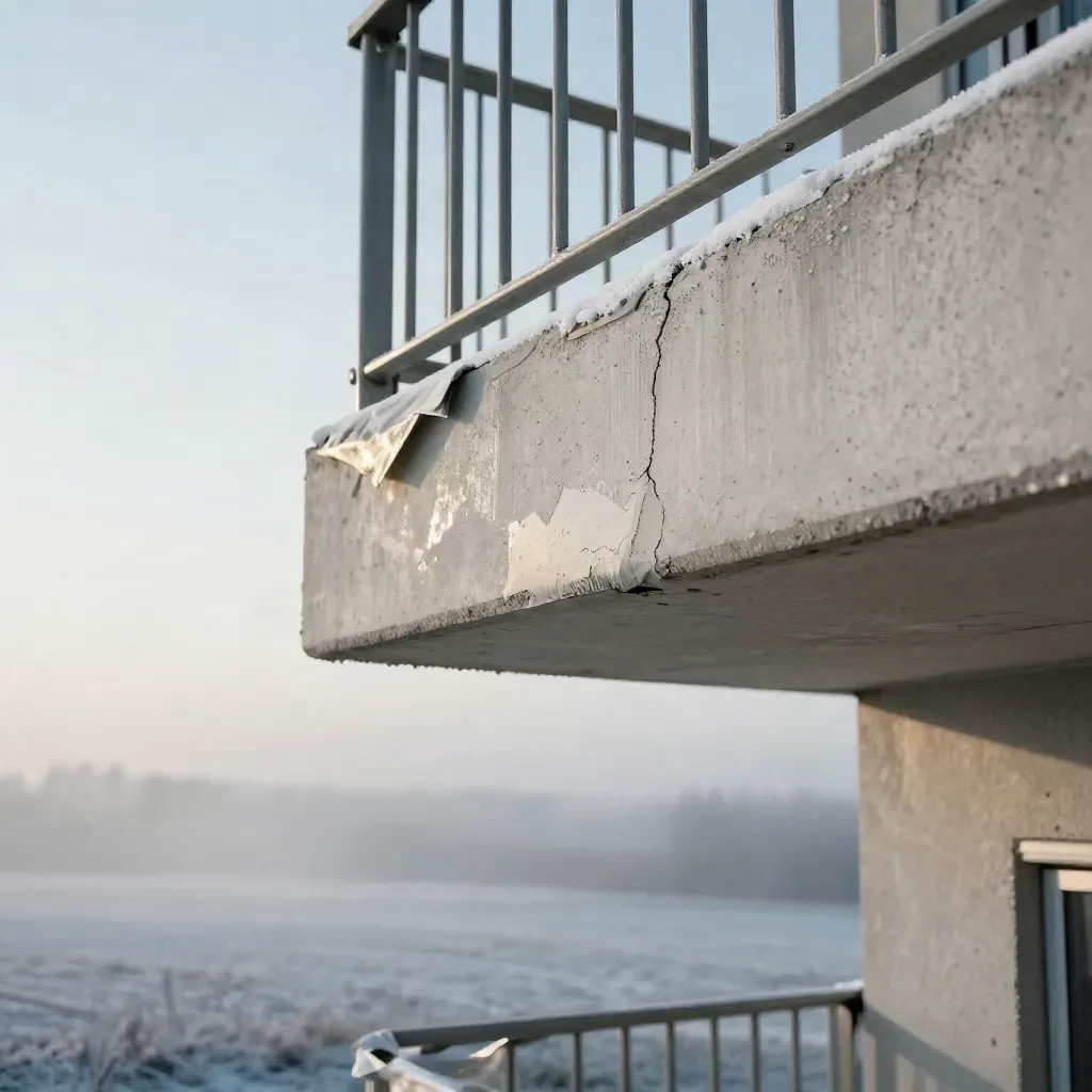 Reparerad balkongkant i Nacka med lagad betong, tätade sprickor och vinterpresenning.