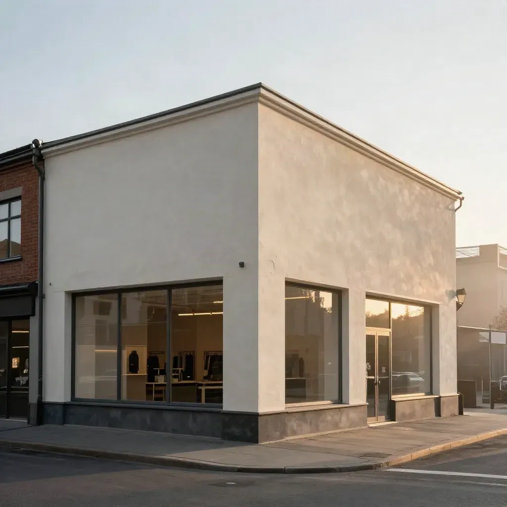 Renoverad butikfasad i Västerås i morgondimma, ny puts och målning mot gatan.