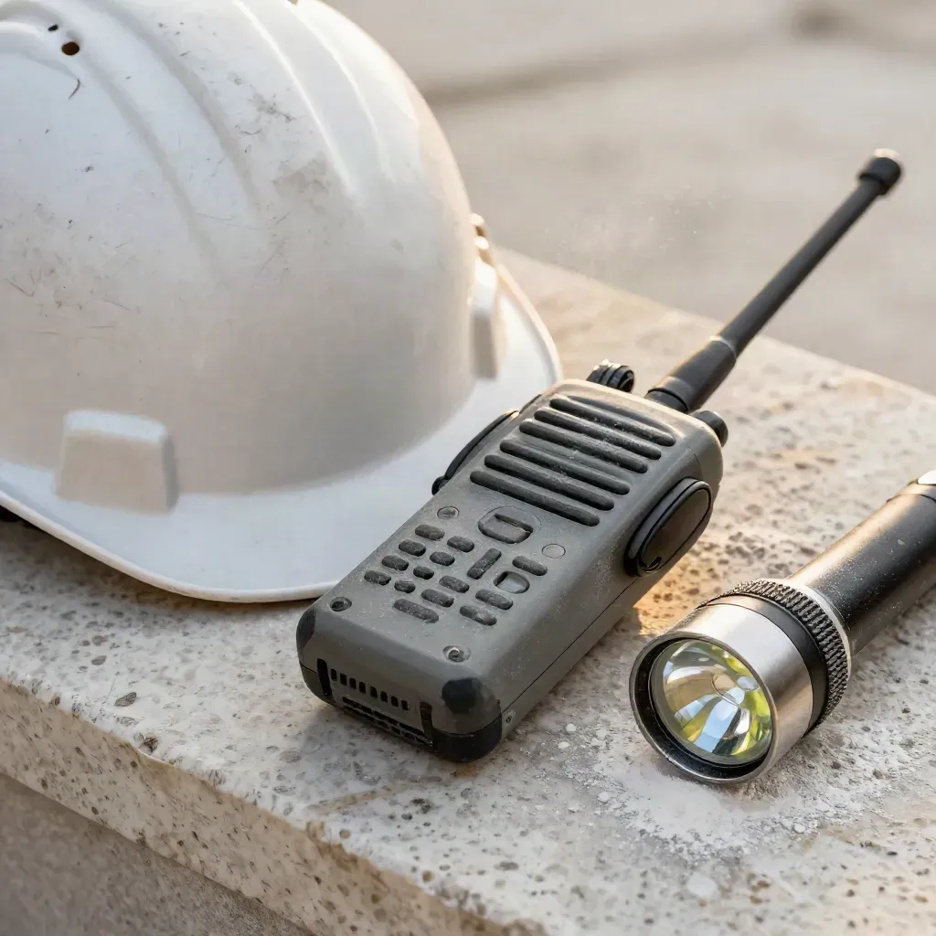Närbild av en sliten hjälm, walkie-talkie och ficklampa på en dammig fasadkant.
