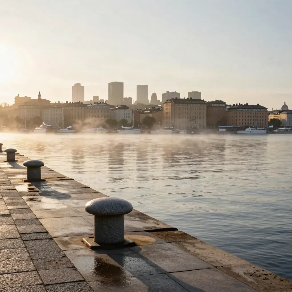 Stockholms skyline över stilla vatten i gyllene kvällsljus