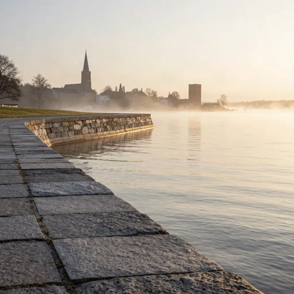 Västra Mälardalens stenkaj i morgondimma med lugnt Mälarvatten och avlägsna torn.