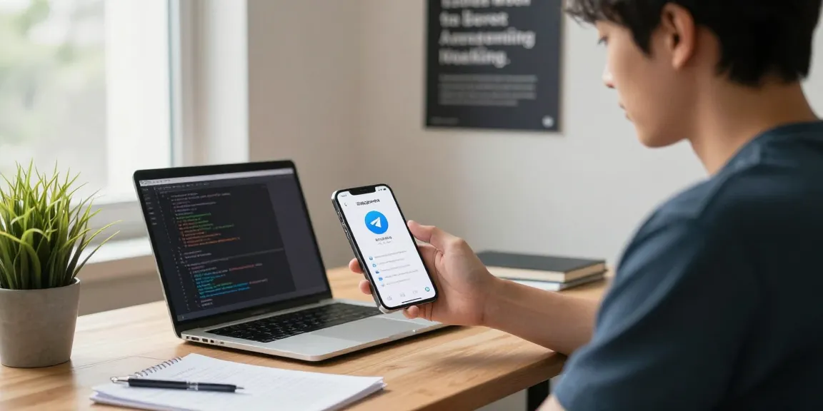 Engaged user exploring Telegram Chinese interface on their mobile device within a vibrant workspace.